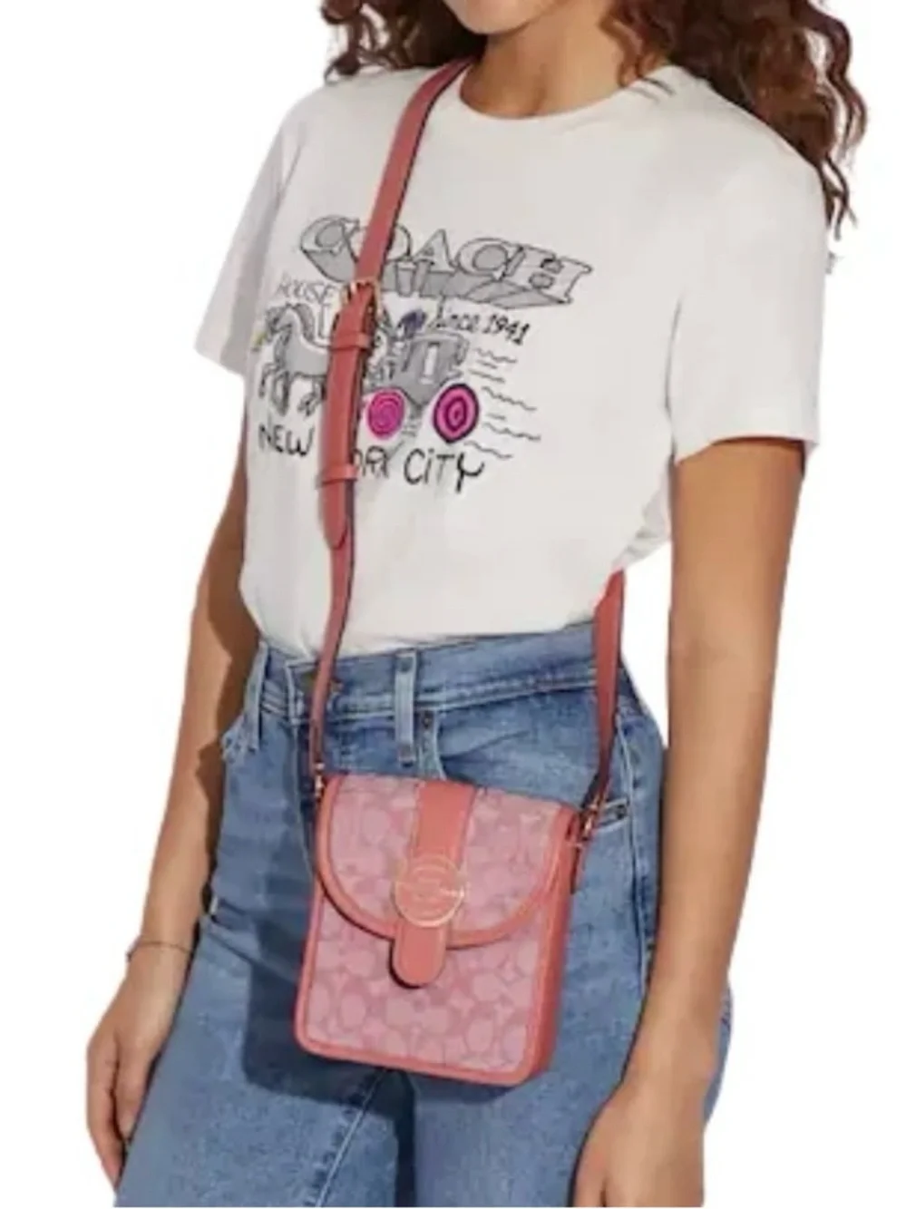 Coach Lonnie North South Crossbody Bag Pink Signature Jacquard Pebble Leather